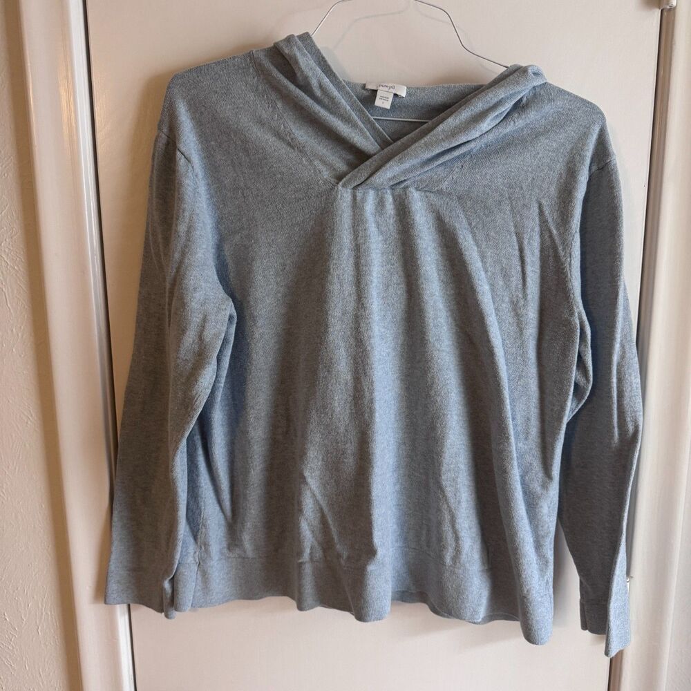 Womens Lrg J. Jill PureJill Cashmere/Cotton Blend Hooded Blue/Gray Sweater VGUC